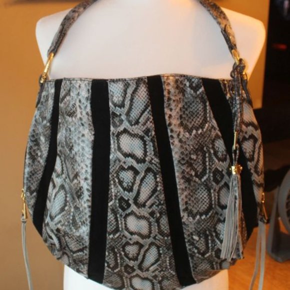 AIMEE KESTENBERG PYTHON LARGE LEATHER HOBO BAG! Black/Aqua/Ivory - Picture 1 of 8